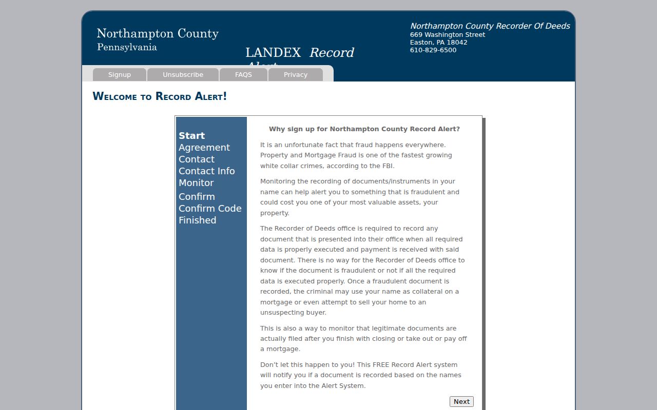 Bethlehem Township residents directory Northampton County Record Alert sign-up information