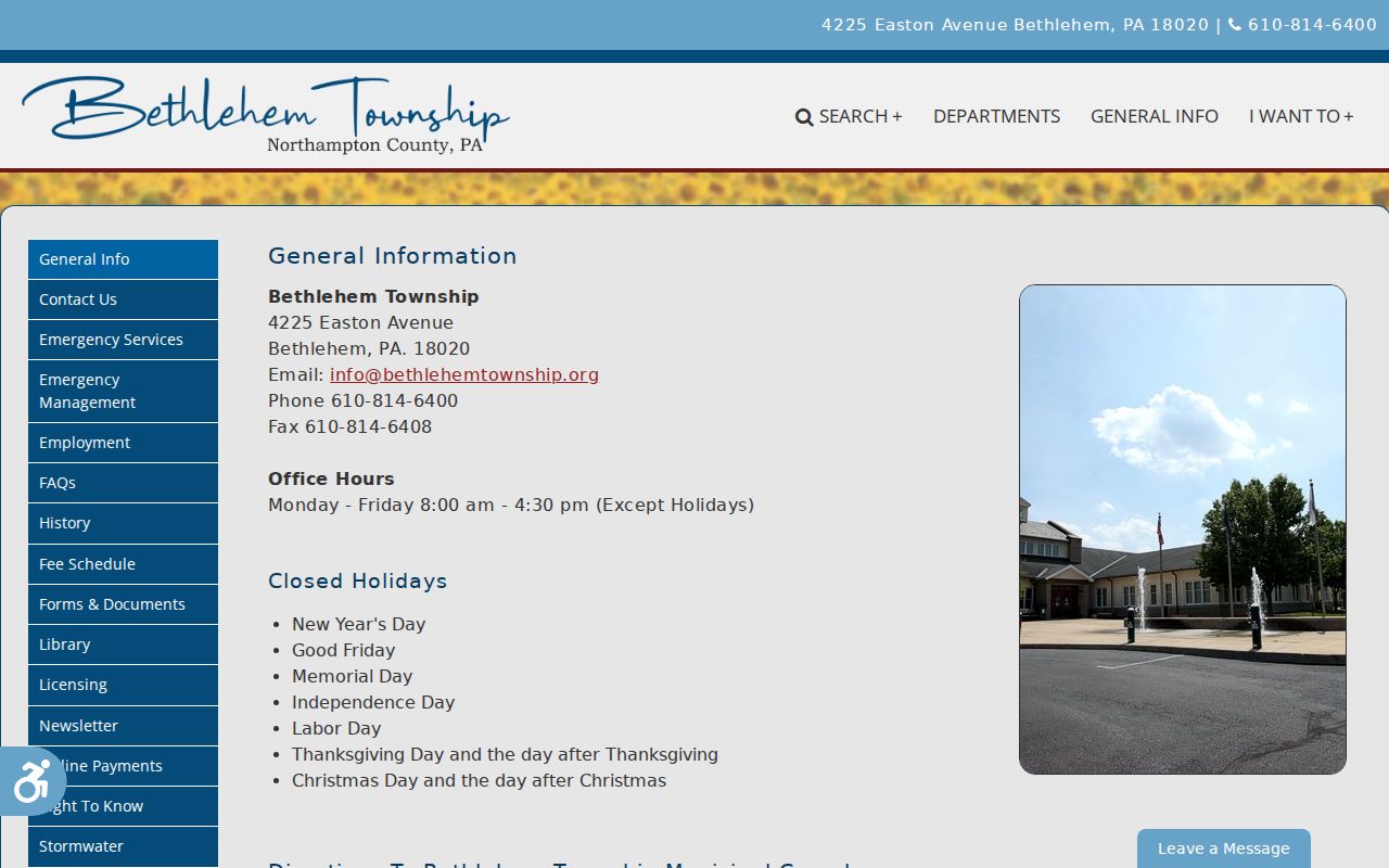 Bethlehem Township ZIP code directory with official township general information